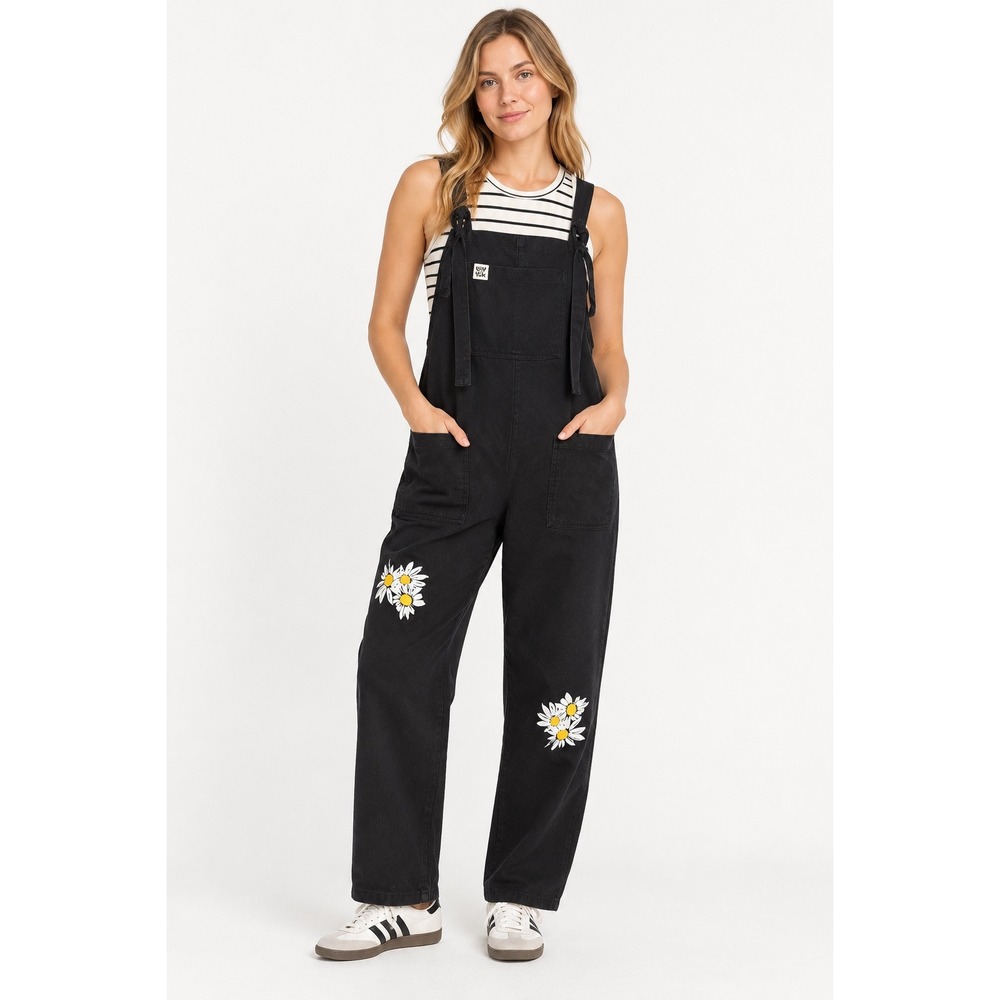 Lucy & Yak Overalls Dungarees Women 6 Black Daisy Floral Organic Cotton Utility